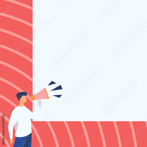 Man speaking into a megaphone with copy space and red background - the concept of announcements