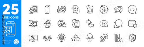 Outline icons set. Green electricity, Ranking stars and Payment card icons. Cyber attack, Chat message, Synchronize web elements. Online question, Megaphone, Time management signs. Vector
