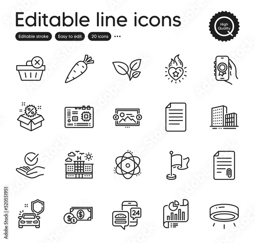 Set of Business outline icons. Contains icons as Atom, Approved and Attachment elements. Flag, File, Motherboard web signs. Award app, Sale, Hotel elements. Report document, Heart flame. Vector