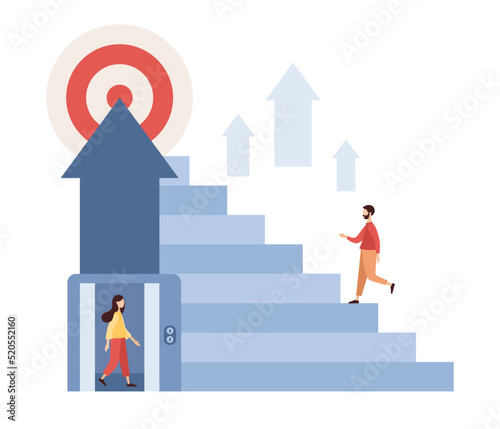 Metaphor different ways to achieve the goal. Path to target. People choose ladder or elevator to success. Perseverance, Challenge, Career and personal growth. Vector flat illustration 