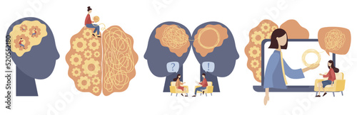 Psychology concept. Psychologist online. Psychotherapy practice, psychological help, psychiatrist. Vector flat set illustration 