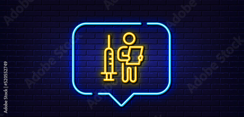 Neon light speech bubble. Vaccination announcement line icon. People vaccine syringe sign. Injection jab symbol. Neon light background. Vaccination announcement glow line. Brick wall banner. Vector