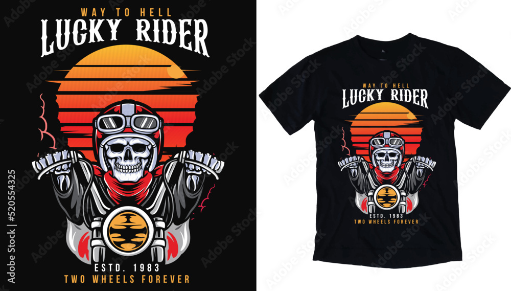 Motorcycle, Skull with a beard, mustache in a biker glasses and orange helmet. Lucky rider - two wheels forever - way to hell - estd 1983. hand drawn style t shirt design Vector illustration. Motorcycle, Skull with a beard, mustache in a biker glasses and orange helmet. Lucky rider - two wheels forever - way to hell - estd 1983. hand drawn style t shirt design Vector illustration.