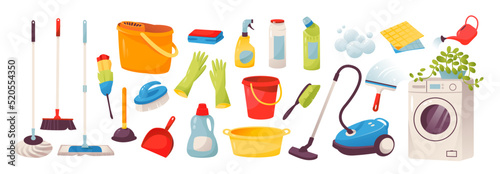 Cleaning. Icons of tools for cleaning the house and office. Washing machine, vacuum cleaner, detergents and cleaning products for cleaning. Housework concept. Vector illustration isolated 