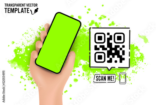 Vector cartoon hand holding the black smartphone with a QR code scanner me on screen and modern frameless design - isolated on transparent background