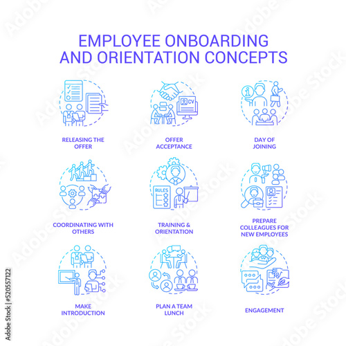 Employee onboarding and orientation blue gradient concept icons set. Hiring company staff idea thin line color illustrations. Isolated symbols. Roboto-Medium, Myriad Pro-Bold fonts used