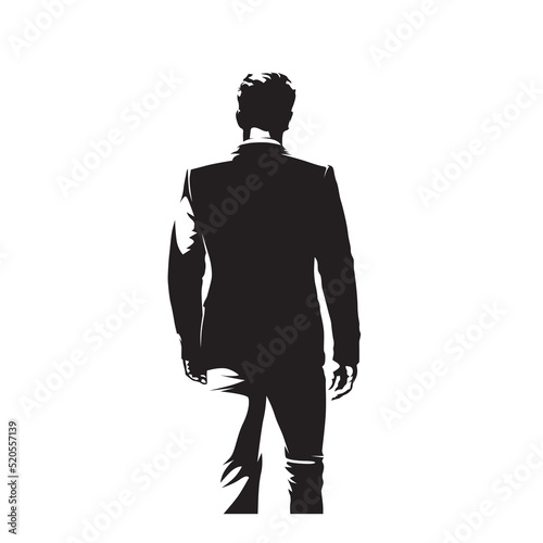 Businessman in suit standing, rear view, isolated vector silhouette. Suited elegant man. Business people