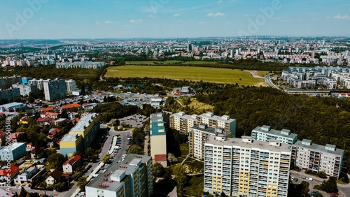 Photography Aerial view of high-rise apartments and office buildings in suburbs of Prague, C