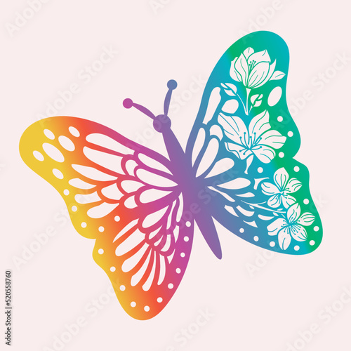 Rainbow butterfly with flowers on wings. Stencil Cutting File photo