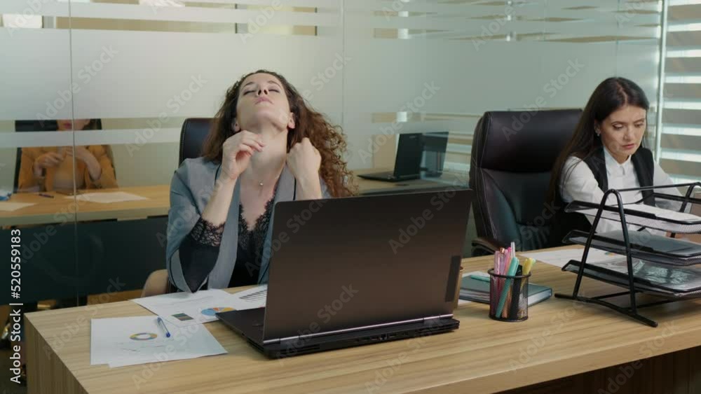 Coworker feeling fatigue after a hard day at work. Woman having lack of ideas. burnout concept. Coworker feeling fatigue after a hard day at work. Woman having lack of ideas. burnout concept.