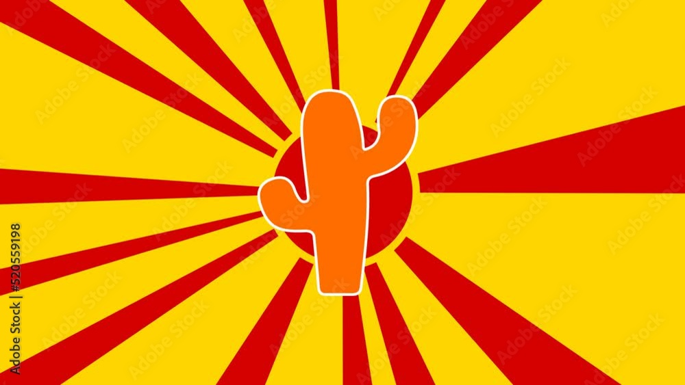 Cactus symbol on the background of animation from moving rays of the sun. Large orange symbol increases slightly. Seamless looped 4k animation on yellow background