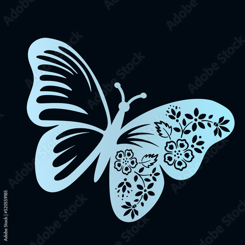 Stencil of an openwork butterfly with flowers on wings. Cutting file photo