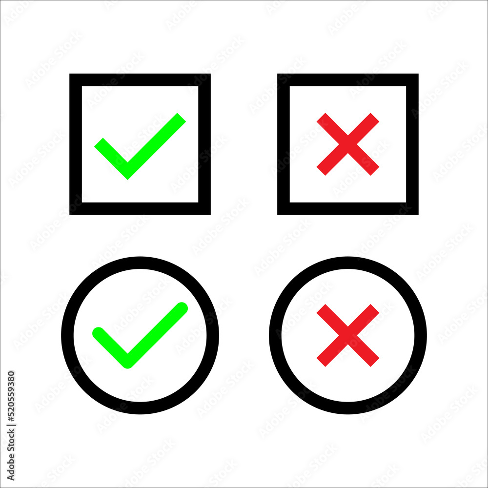 Check mark and cross or x icon in flat style on white background Check mark and cross or x icon in flat style on white background