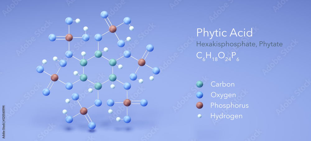 phytic acid, hexakisphosphate, phytate. Molecular model, 3d rendering ...