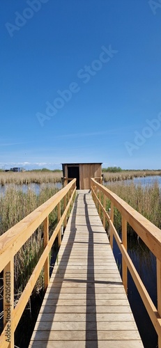 Vertical shot of a bird-watching house on the lake 'Store Hoj So' in Vestamager, Copenhagen, Denmark photo