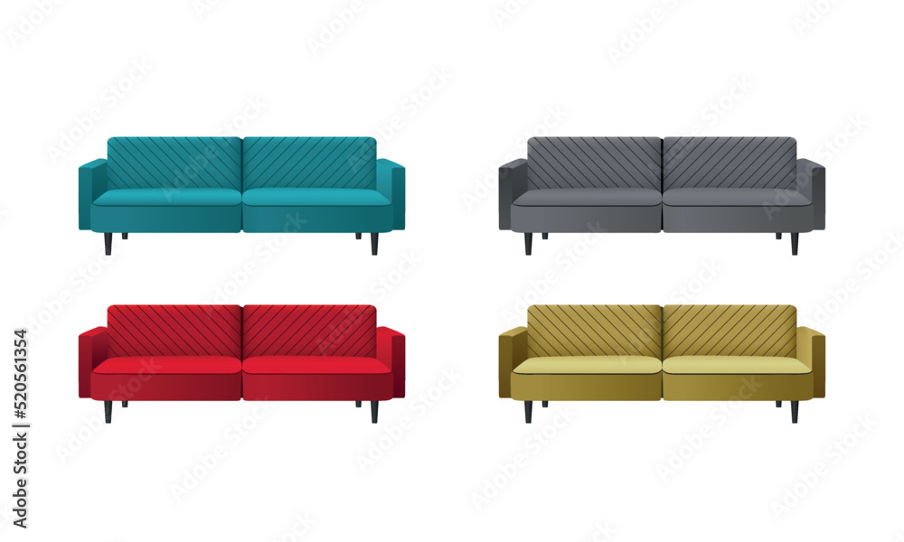 Set of 3d red, black, blue and yellow sofa on white background. Collection of realistic sofas. Element furniture for interior. Vector illustration Set of 3d red, black, blue and yellow sofa on white background. Collection of realistic sofas. Element furniture for interior. Vector illustration