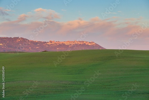 Fototapeta Beautiful view of the green valley at sunset against the background of city loca