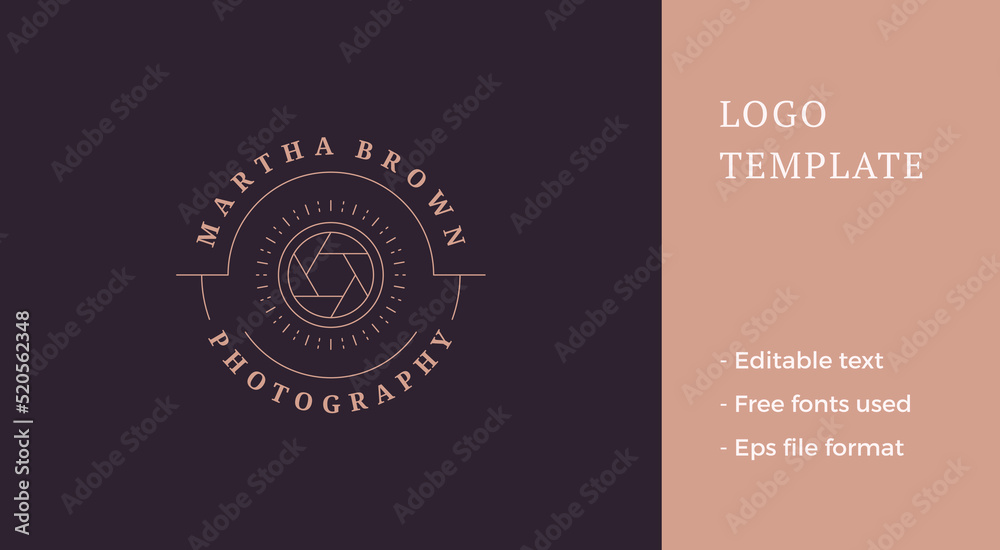 Photo camera lens logo emblem design template vector illustration in minimal line art style