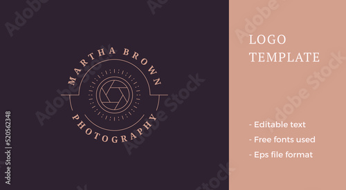 Photo camera lens logo emblem design template vector illustration in minimal line art style
