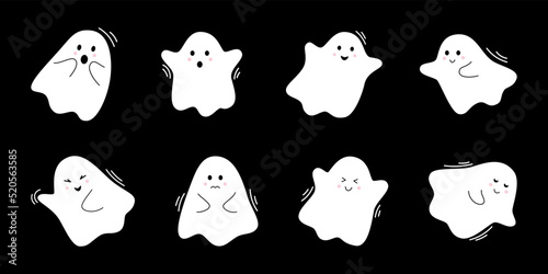 Vector halloween set with cute ghosts. Flying spirits in flat design. White phantoms on black background. Doodle ghosts.