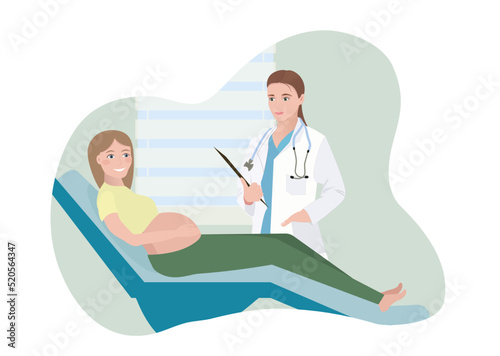 Flat illustration of a girl in a hospital who receives a consultation from a gynecologist. A pregnant girl lies on a gynecological chair in vector.