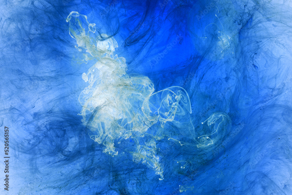 Fototapeta premium Liquid fluid art abstract background. Blue acrylic paint underwater, galactic smoke ocean