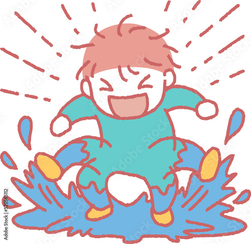 水たまりでバチャバチャと遊ぶ男の子のイラスト