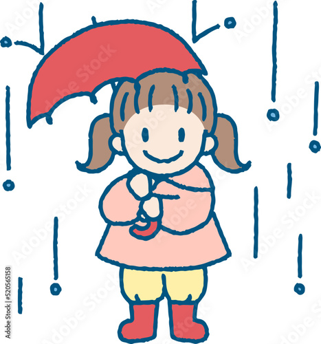 雨のなか傘をさして立つ女の子のイラスト