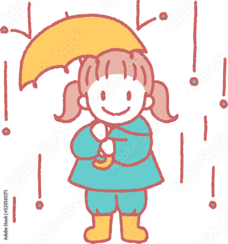 雨のなか傘をさして立つ女の子のイラスト