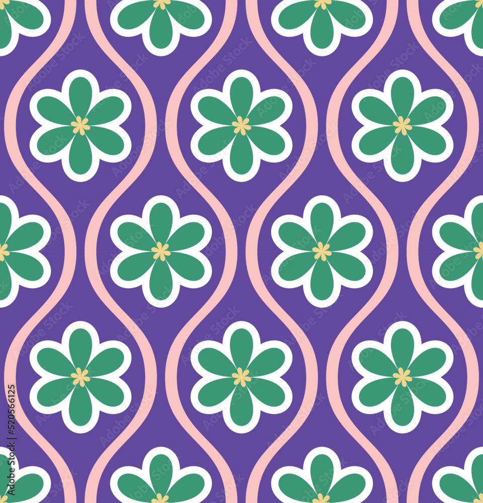 Abstract Wavy Stripes Flowers Retro Tile Style Geometrical Seamless Pattern Trendy Fashion Colors Perfect for Allover Fabric Print or Wrapping Paper Abstract Wavy Stripes Flowers Retro Tile Style Geometrical Seamless Pattern Trendy Fashion Colors Perfect for Allover Fabric Print or Wrapping Paper