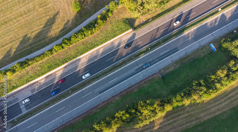 German highway aerial top view near Munich with car traffic