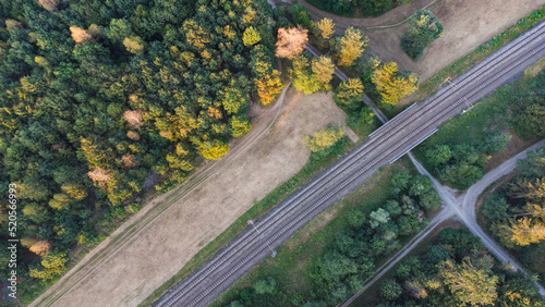 Train tracks through German forest near Munich aerial drone view fotage
