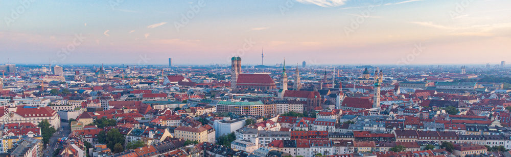 Naklejka premium Munich panoramic aerial view of the city centre at sunrise
