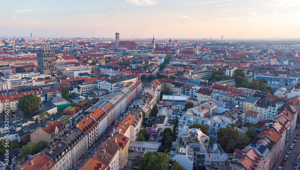 Early morning aerial bird view of Munich