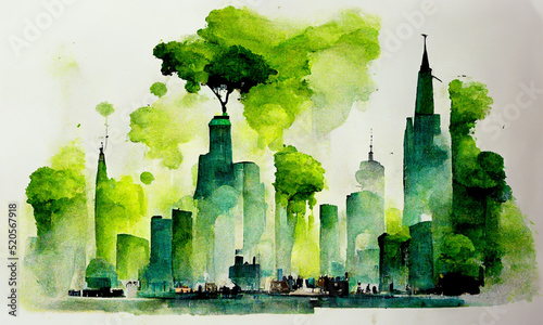 green city concept, watercolour illustration, digital art