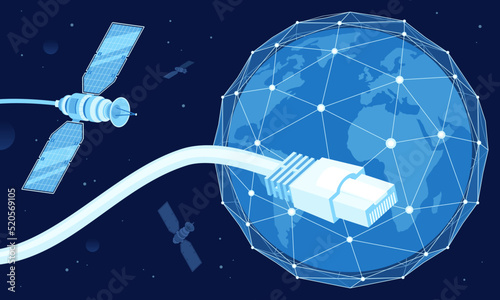 Global satellite internet, flat vector illustration and Earth in space in network lines of data flows