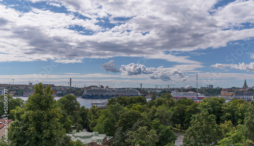 Panorama view over the bay Saltsjön and the skyline district Södermalm, a sunny summer day in Stockholm