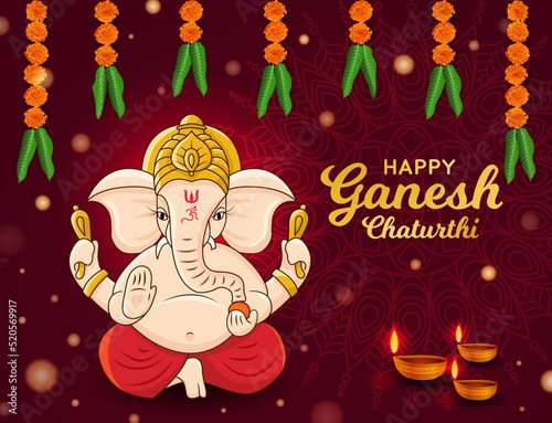 Happy Ganesh Chaturthi poster. Artistic Hindu Worship Festival graphic. Mandala, marigold flower, leaves Banner Vector illustration. Social media post, website header, greeting card, invite, promotion