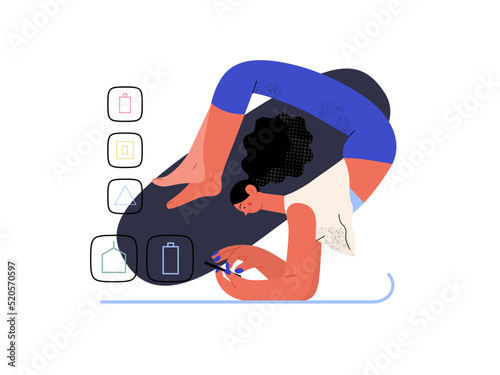 Easy shopping - Online shopping and electronic commerce series - modern flat vector concept illustration of a woman doing yoga and shopping. Promotion, discounts, sale and online orders concept