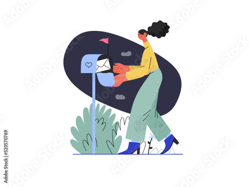 You have a message - Online shopping and electronic commerce series - modern flat vector concept illustration of woman getting letter from postbox. Promotion, discounts, sale and online orders concept