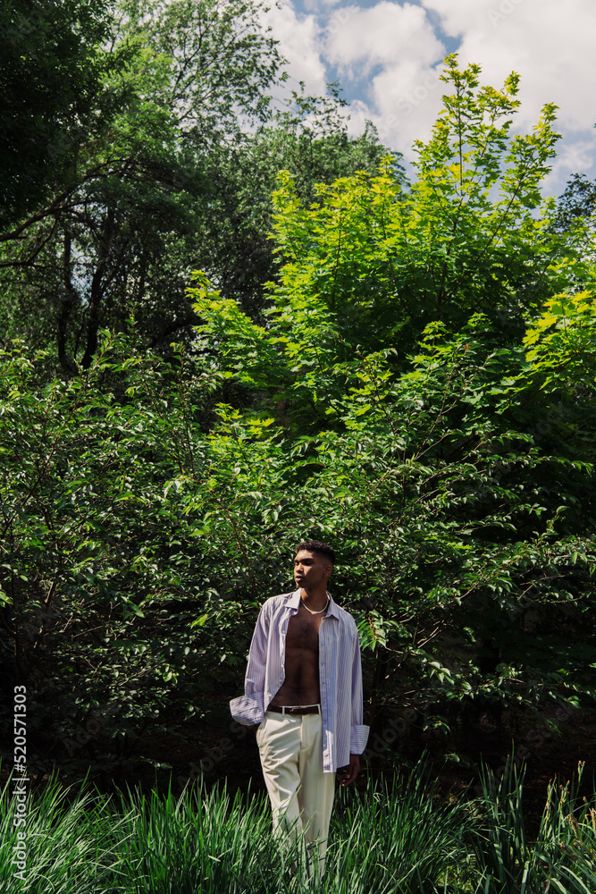 young african american man in summer clothes standing with hand in pocket in summer park young african american man in summer clothes standing with hand in pocket in summer park