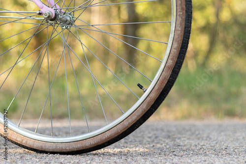 Close up view of cropped bicycle wheel on the road with green naturelan enviroment in the blurred background