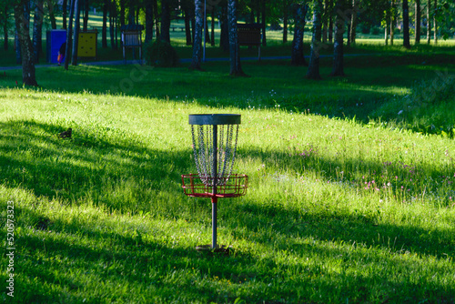 summer morning, disc golf cart in a birch grove