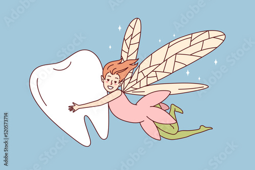 Smiling fairy flying with tooth. Happy pixy cartoon character with children teeth. Vector illustration. 