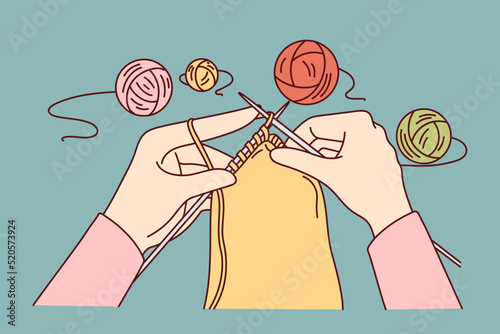 Closeup of woman knitting with needles and threads. Concept of art and craft, hobby and recreation. Vector illustration. 