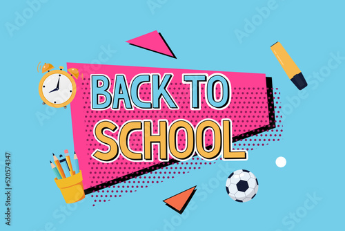 Back to school abstract geometric background. Banner, flyer with supplies, stationery in flat style. Retro, 90s