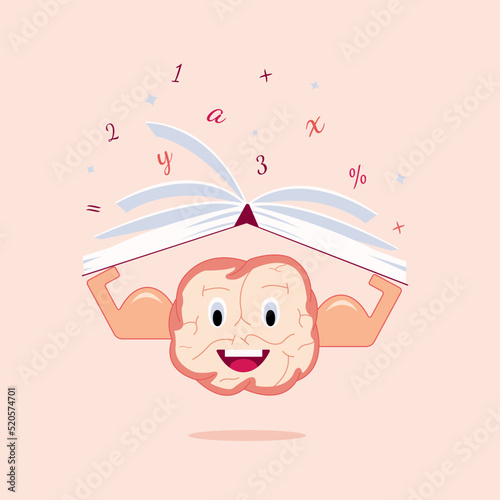 Brain training, pumped muscles with knowledge vector illustration on isolated background