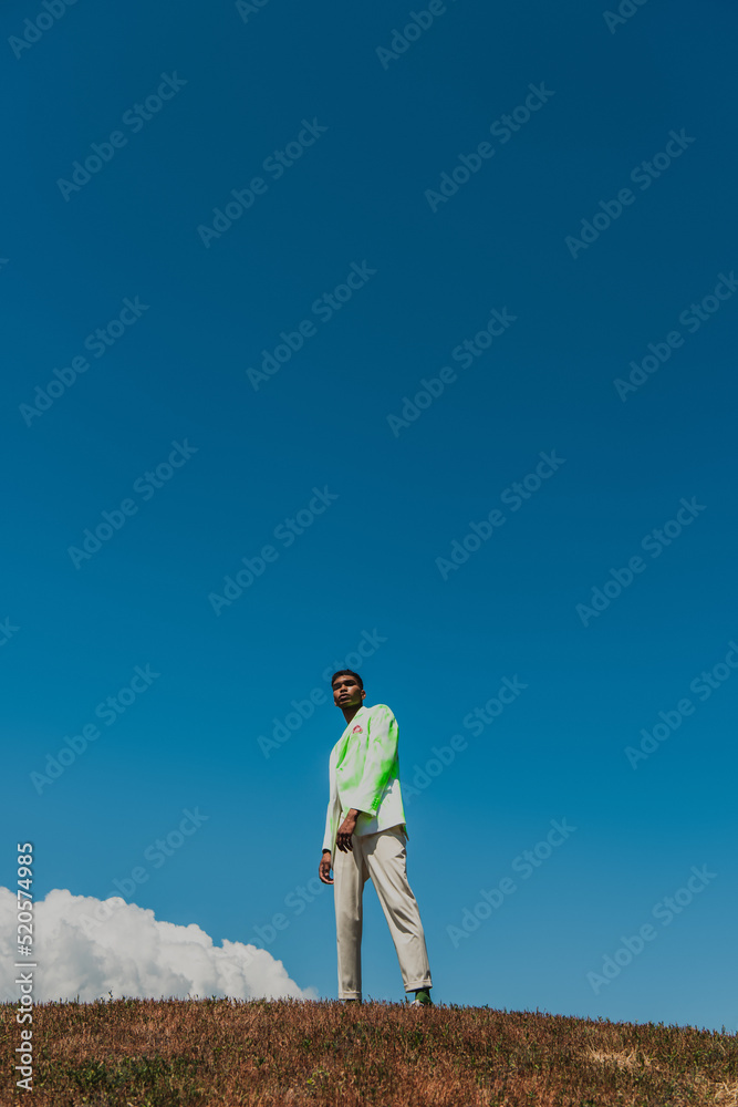 african american man in stylish blazer and trousers standing in meadow under blue sky african american man in stylish blazer and trousers standing in meadow under blue sky