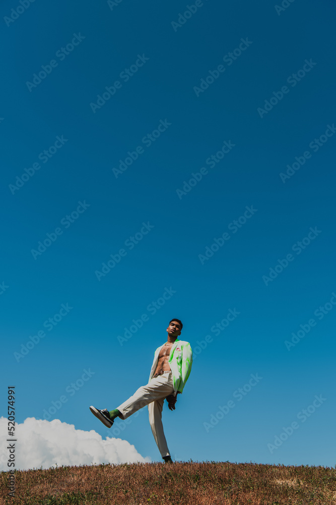 young and trendy african american man posing in meadow under clear sky