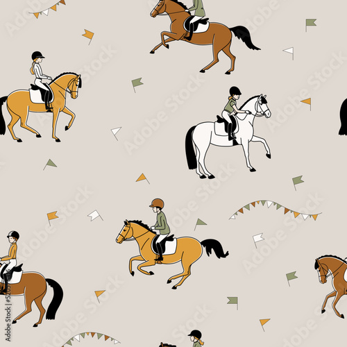 Seamless pattern on the theme of children's equestrian sports on ponies